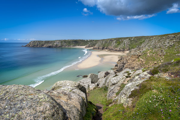 Porthcurno beach and treen cliffs Picture Board by Eddie John