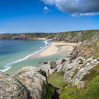 Buy canvas prints of Porthcurno beach and treen cliffs by Eddie John