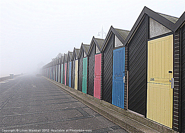 Beach Huts in the fog. Picture Board by Lilian Marshall