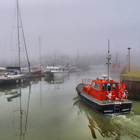 Buy canvas prints of Pilot boat in foggy Lowestoft. by Lilian Marshall