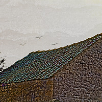 Buy canvas prints of Birds over old Yorkshire roof abstract. by Robert Gipson