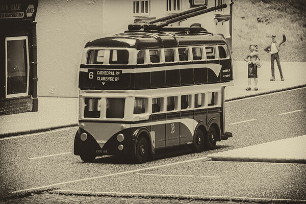 Catch The Trolley Bus B&W Picture Board by Steve Purnell