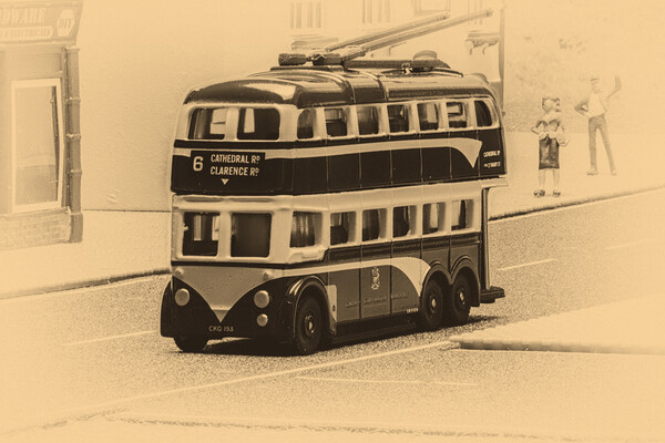 Catch The Trolley Bus Sepia Picture Board by Steve Purnell