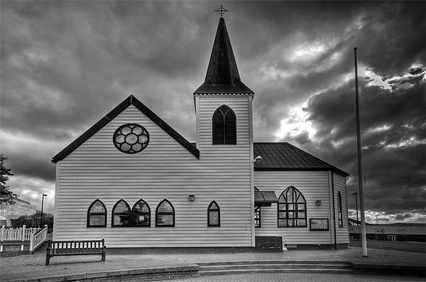 Norwegian Church Cardiff Bay Mono Picture Board by Steve Purnell