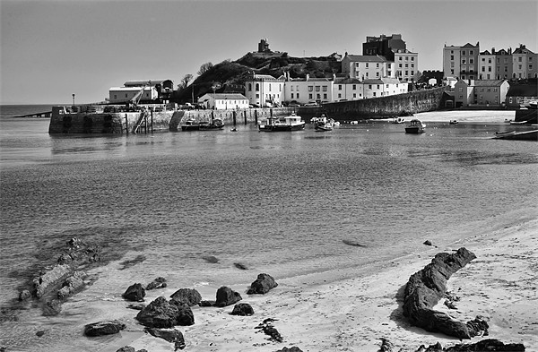 Tenby Harbour from North Beach Mono Picture Board by Steve Purnell