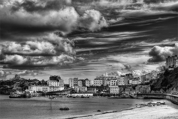 Tenby Harbour Mono Picture Board by Steve Purnell