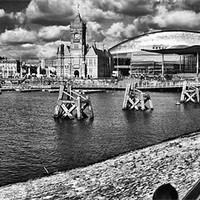 Buy canvas prints of Cardiff Bay Panorama Mono by Steve Purnell