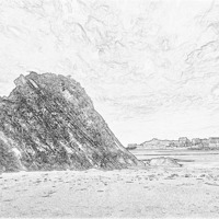 Buy canvas prints of Goscar Rock Tenby Pencil Sketch by Steve Purnell