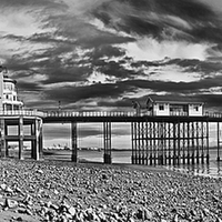 Buy canvas prints of Penarth Pier Panorama Monochrome by Steve Purnell