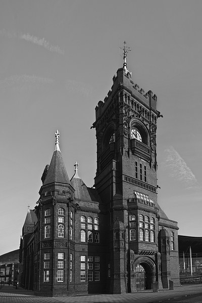 Pierhead Building Cardiff Mono Picture Board by Steve Purnell