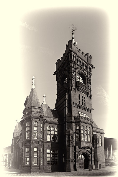 Pierhead Building Cardiff Mono Toned Picture Board by Steve Purnell