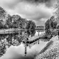 Buy canvas prints of Water Bus Stop Bute Park Cardiff Mono by Steve Purnell