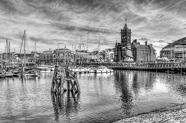 Cardiff Bay And The Pierhead Building Mono Picture Board by Steve Purnell
