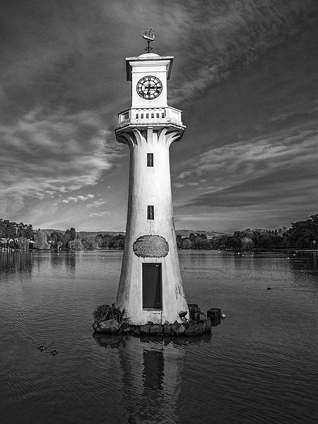 Roath Park Lighthouse Mono Picture Board by Steve Purnell