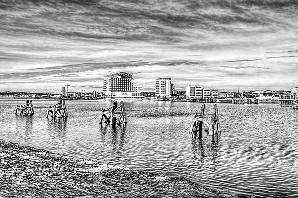 Cardiff Bay Towards St Davids Hotel Mono Picture Board by Steve Purnell