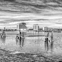 Buy canvas prints of Cardiff Bay Towards St Davids Hotel Mono by Steve Purnell