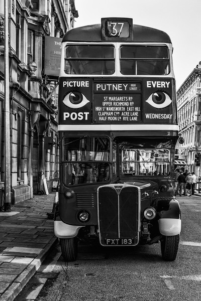 The Bus To Putney Monochrome Picture Board by Steve Purnell