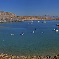 Buy canvas prints of Pallas Beach in Lindos by Roger Green