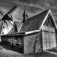 Buy canvas prints of Lythams Lifeboat Station and Windmill by Roger Green
