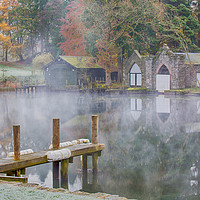 Buy canvas prints of Misty Boathouse by Roger Green