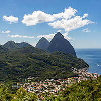 Buy canvas prints of The Pitons and Soufriere Bay on St Lucia by Roger Green