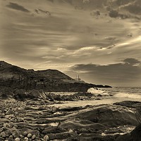 Buy canvas prints of Mumbles Lighthouse from Bracelet Bay, Sepia. by Becky Dix