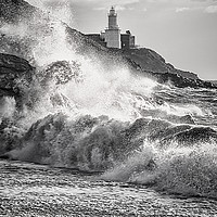 Buy canvas prints of Mumbles Lighthouse Stormy Waves. by Becky Dix