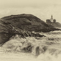 Buy canvas prints of Mumbles Lighthouse Stormy Waves. by Becky Dix