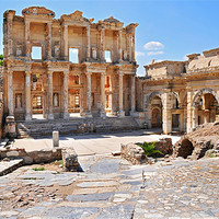 Buy canvas prints of Library of Celsus and Gate of Augustus by Michael Oakes