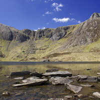 Buy canvas prints of Llyn Idwal and the Glyders by James Ward