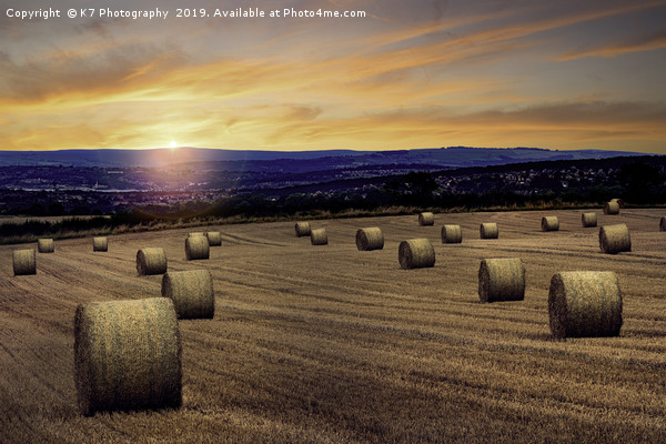 A Straw Bale Sunset - Over the fields to Sheffield Picture Board by K7 Photography