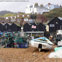 Buy canvas prints of Hastings net lofts and fishing pots by Terri Waters