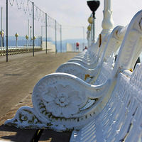 Buy canvas prints of Wrought Iron Benches Torquay Pier by Terri Waters