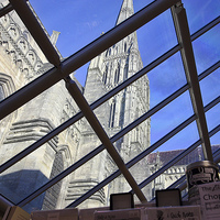 Buy canvas prints of Salisbury Cathedral Spire From The Shop  by Terri Waters