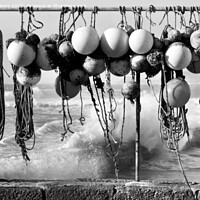 Buy canvas prints of Fishing Buoys in Black and White by Terri Waters