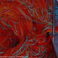 Buy canvas prints of Red fishing nets over railings by DEE- Diana Cosford