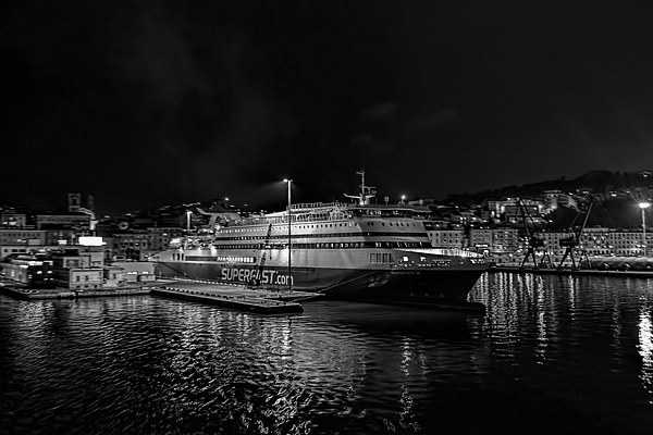  Ancona harbour at night. Mono. Picture Board by Colin Metcalf