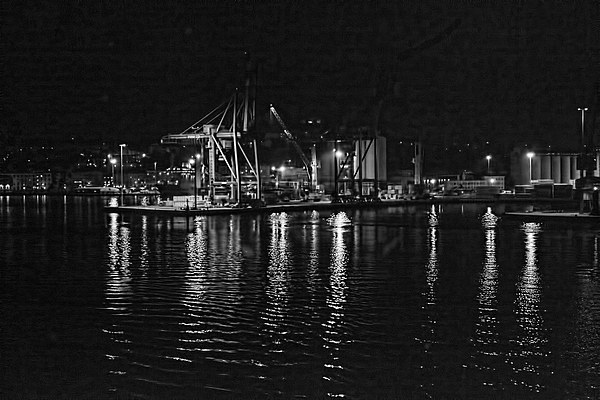  Ancona harbour at night. Mono. Picture Board by Colin Metcalf