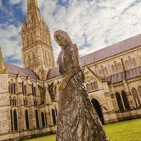 Buy canvas prints of Salisbury Cathedral And The Walking Madonna  by Linsey Williams