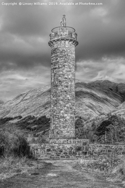 Glenfinnan Memorial, Scotland mono Picture Board by Linsey Williams