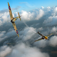 Buy canvas prints of Spitfire shoots down Messerschmitt Bf 109 by Gary Eason
