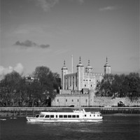 Buy canvas prints of Tower of London with tourist boat B&W by Gary Eason