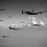 Buy canvas prints of Spitfires escorting Lancasters black and white ver by Gary Eason