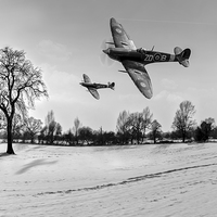 Buy canvas prints of Low-flying Spitfires in winter B&W by Gary Eason