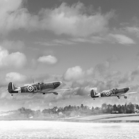 Buy canvas prints of Winter ops: Spitfires, black and white version by Gary Eason