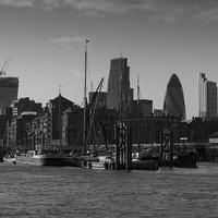 Buy canvas prints of City of London river barges Wapping black and whit by Gary Eason