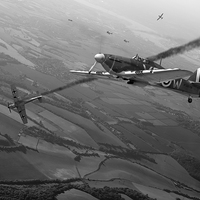 Buy canvas prints of Battle of Britain dogfight black and white version by Gary Eason