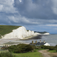 Buy canvas prints of Seven Sisters cliffs and coastguard cottages by Gary Eason