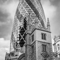 Buy canvas prints of Gherkin and St Andrew Undershaft black and white v by Gary Eason