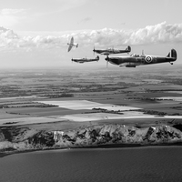 Buy canvas prints of White Cliffs Spitfires black and white version by Gary Eason
